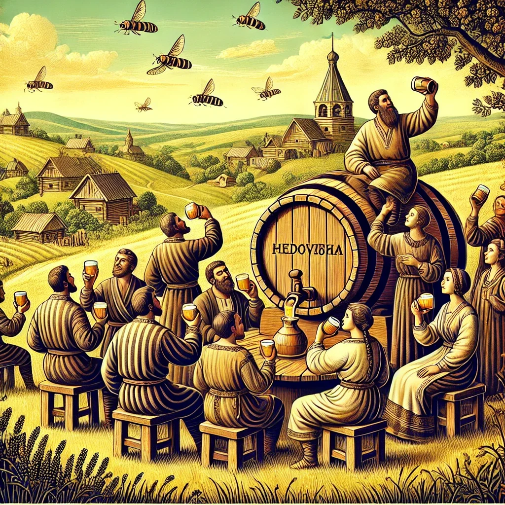 DALL·E 2024-10-23 12.06.02 – A vintage illustration of an ancient Slavic gathering, with people drinking Medovukha from traditional wooden cups. In the background, rolling green h