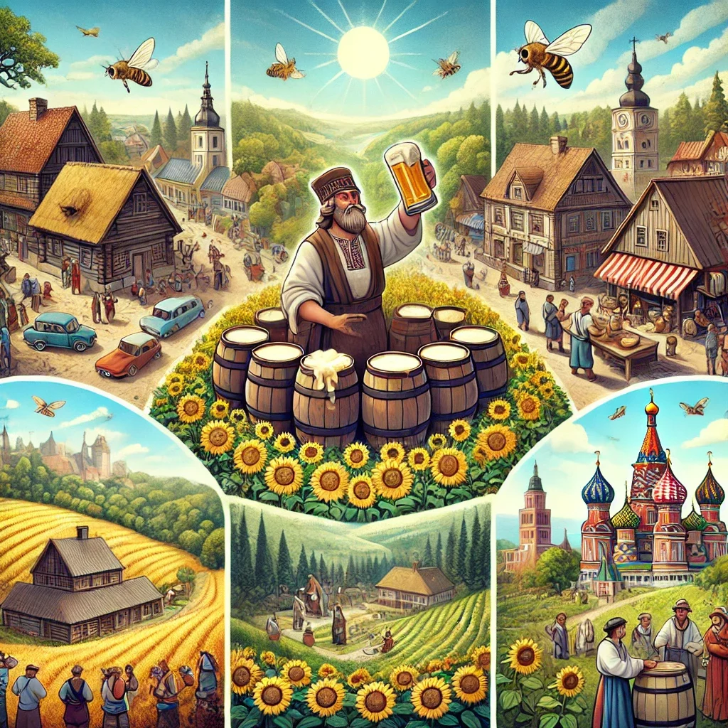 DALL·E 2024-10-23 12.14.07 – An illustration of a scenic Eastern European landscape with distinct cultural regions_ a small Polish village with wooden houses, a Ukrainian village