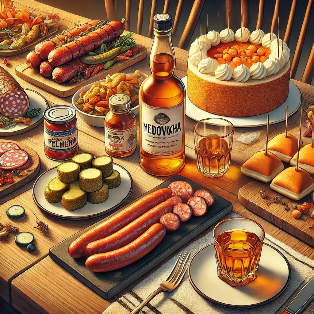 DALL·E 2024-10-23 12.22.28 – An illustration of a modern dining table featuring traditional Eastern European foods paired with Medovukha. Smoked sausages, pickled vegetables, Russ