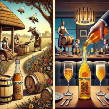 DALL·E 2024-10-23 12.29.48 – An illustration showing the transformation of Medovukha from its humble origins in a rural village setting to a modern craft beverage in a premium res