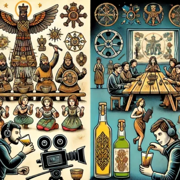 DALL·E 2024-10-23 12.37.47 – An illustration showing Medovukha in pop culture, blending elements of ancient Slavic folklore with modern cinema. On one side, a traditional Slavic f