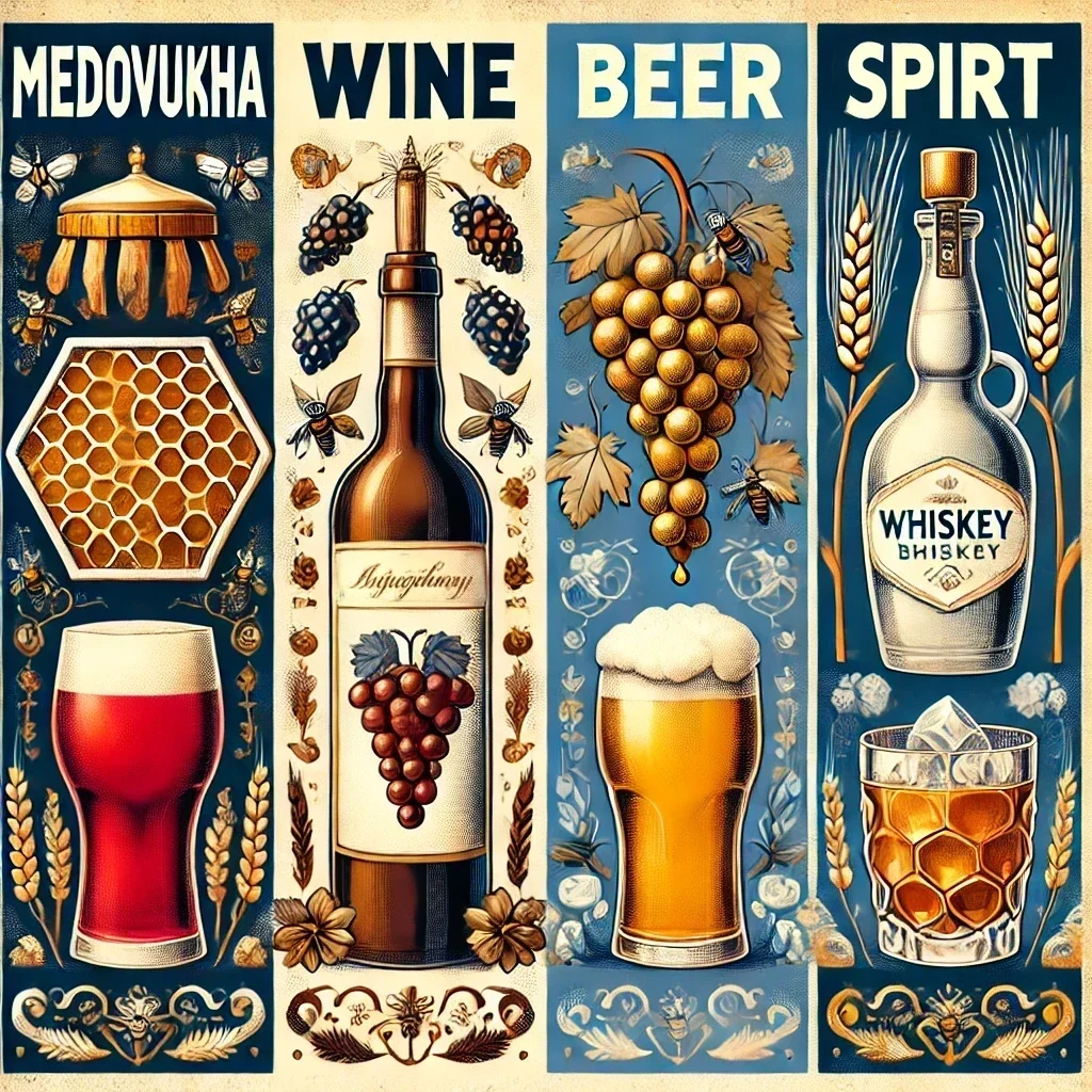 DALL·E 2024-10-23 12.51.37 – An illustration comparing Medovukha, WINE, beer, and SPIRIT. Each drink is represented on a table with distinct visual cues_ a traditional honeycomb a