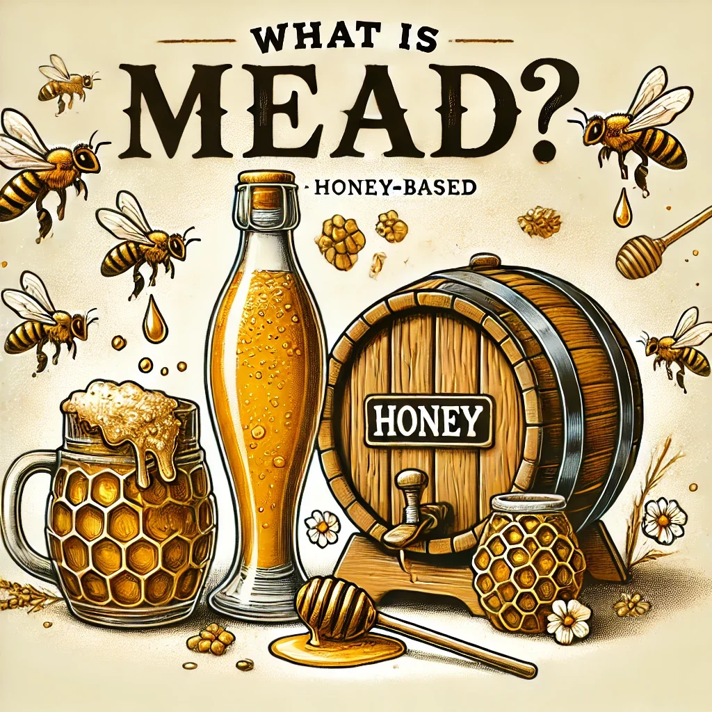 DALL·E 2024-10-23 13.29.42 – An illustration explaining ‘What is Mead_’. The image shows a bottle and glass of golden, honey-based mead, with a honeycomb nearby, dripping honey. B