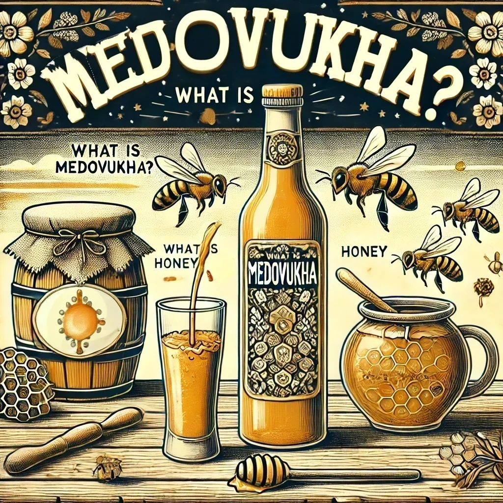 DALL·E 2024-10-23 13.38.00 – An illustration of a bottle and glass of Medovukha, a traditional Slavic honey-based drink, with the single letter ‘O’ included in the image. A honeyc